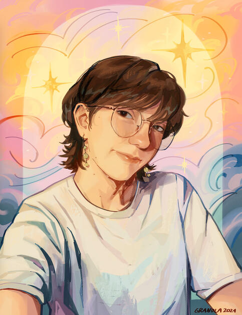 Illustrated portrait of Nola Marino with round glasses, signed GRANOLA 2024, against a sun and swirling sky