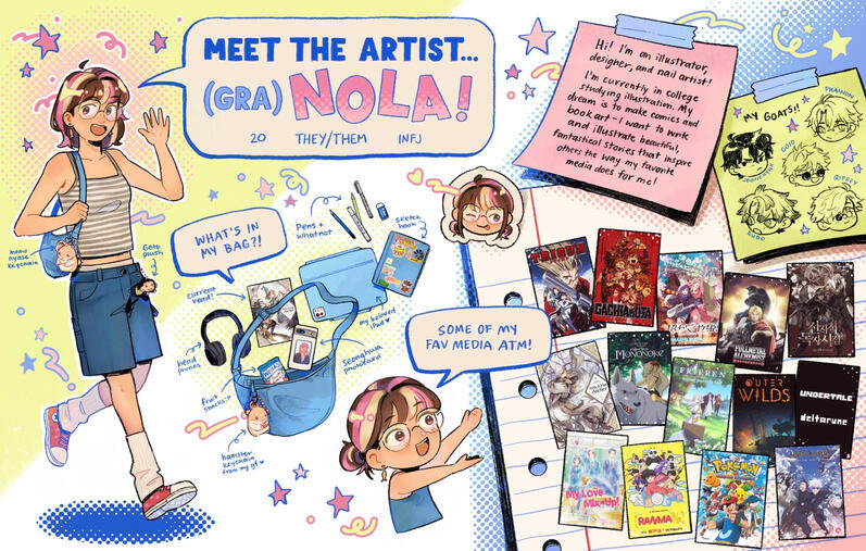 Illustrated Meet the Artist collage for (Gra)Nola: portrait, short bio, bag contents, and favorite media